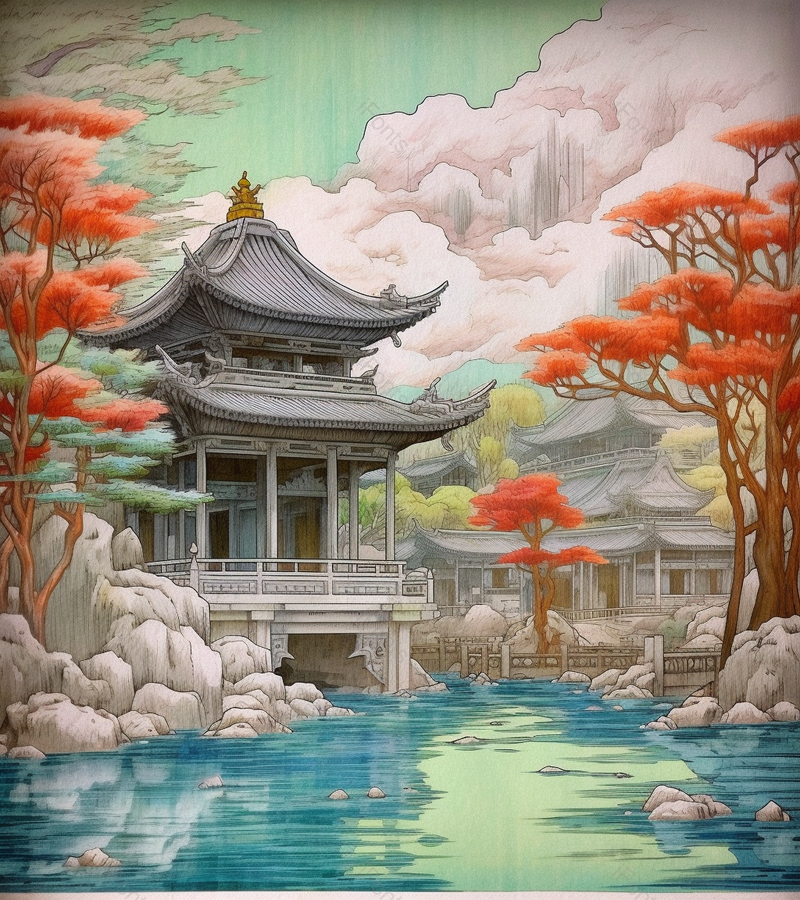 山水间一个偏静的地方建筑背景,插画/手绘图,插画/手绘图库,插画/手绘图下载,插画/手绘